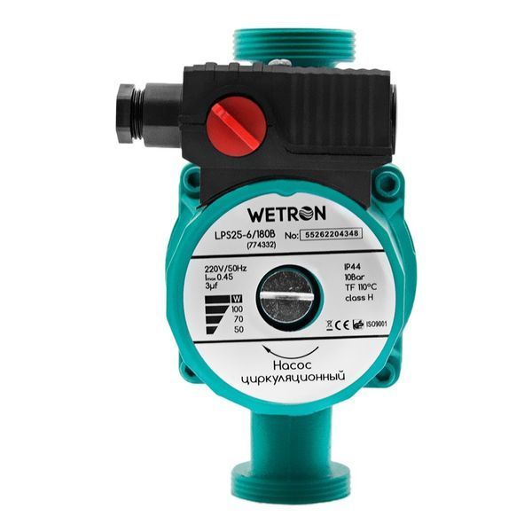 Насос циркуляц 100Вт Hmax 6м Qmax 50л/хв &Oslash;1&frac12;" 180мм зел + гайки &Oslash;1", WETRON 774332 774332 фото