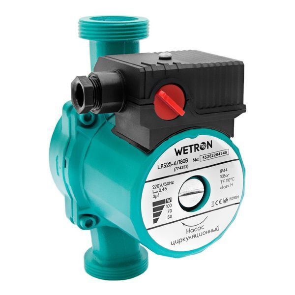 Насос циркуляц 100Вт Hmax 6м Qmax 50л/хв &Oslash;1&frac12;" 180мм зел + гайки &Oslash;1", WETRON 774332 774332 фото