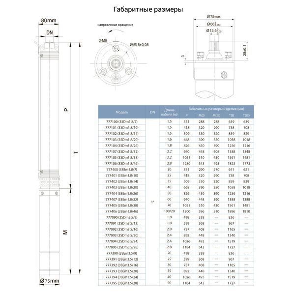 Насос відцентровий 0.37кВт H 60(46)м Q 45(30)л/хв &Oslash;80мм 35м кабелю, DONGYIN 777402 777402 фото