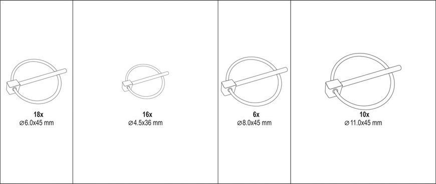 Шплінти l= 36 - 45 мм з кільцями ?= 4,5 - 11 мм наб. 50 елем., YT-06787 YATO YT-06787 фото