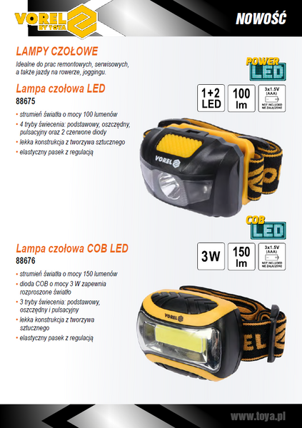 Ліхтар на чоло світлодіодний 2 режими 1+2 LED, 1 Вт, 100 lm, живлення- 3 ААА батарейки, 88675 VOREL 88675 фото