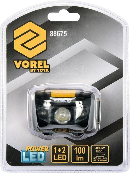 Ліхтар на чоло світлодіодний 2 режими 1+2 LED, 1 Вт, 100 lm, живлення- 3 ААА батарейки, 88675 VOREL 88675 фото