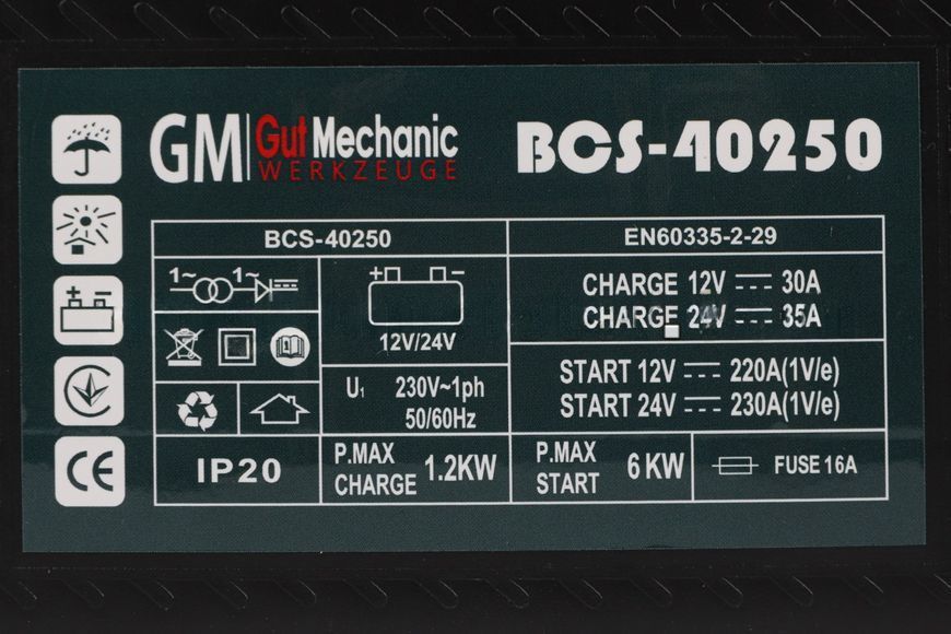 Устройство пускозарядное 12/24v 15-40a 250a 4.5/9.0kw Min 100ah, BCS-40250 GUT MECHANIC BCS-40250 фото