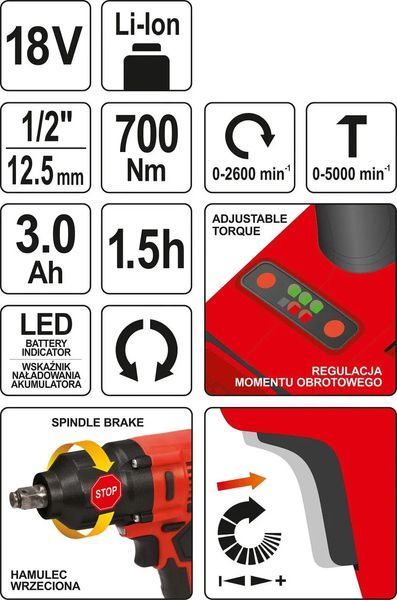 Гайковерт ударний акумуляторний безщітковий квадрат- 1/2", 700 Нм, Li-Ion 18 В, 3 Агод +кейс, YT-82806 YATO YT-82806 фото