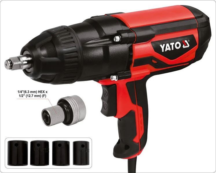 Гайковерт ударний мережевий 1/4" HEX x 1/2" F, 1020 Вт, 600 Нм, 2600 об/хв + 4 головки і кейс, YT-82021 YATO YT-82021 фото