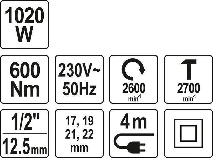 Гайковерт ударний мережевий 1/4" HEX x 1/2" F, 1020 Вт, 600 Нм, 2600 об/хв + 4 головки і кейс, YT-82021 YATO YT-82021 фото